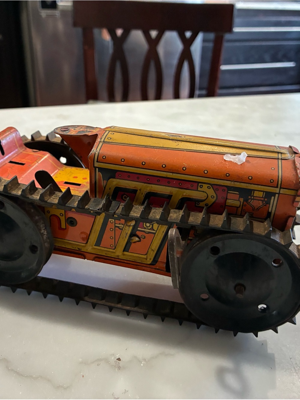Vintage Marx Tin Litho Bulldozer Wind-up Toy Orange Caterpillar Tractor WORKS!